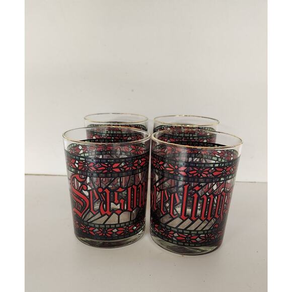 Lot of 4 Houze Vintage Seasons Greetings Stained Glasses Tumblers Cup Gold Rim